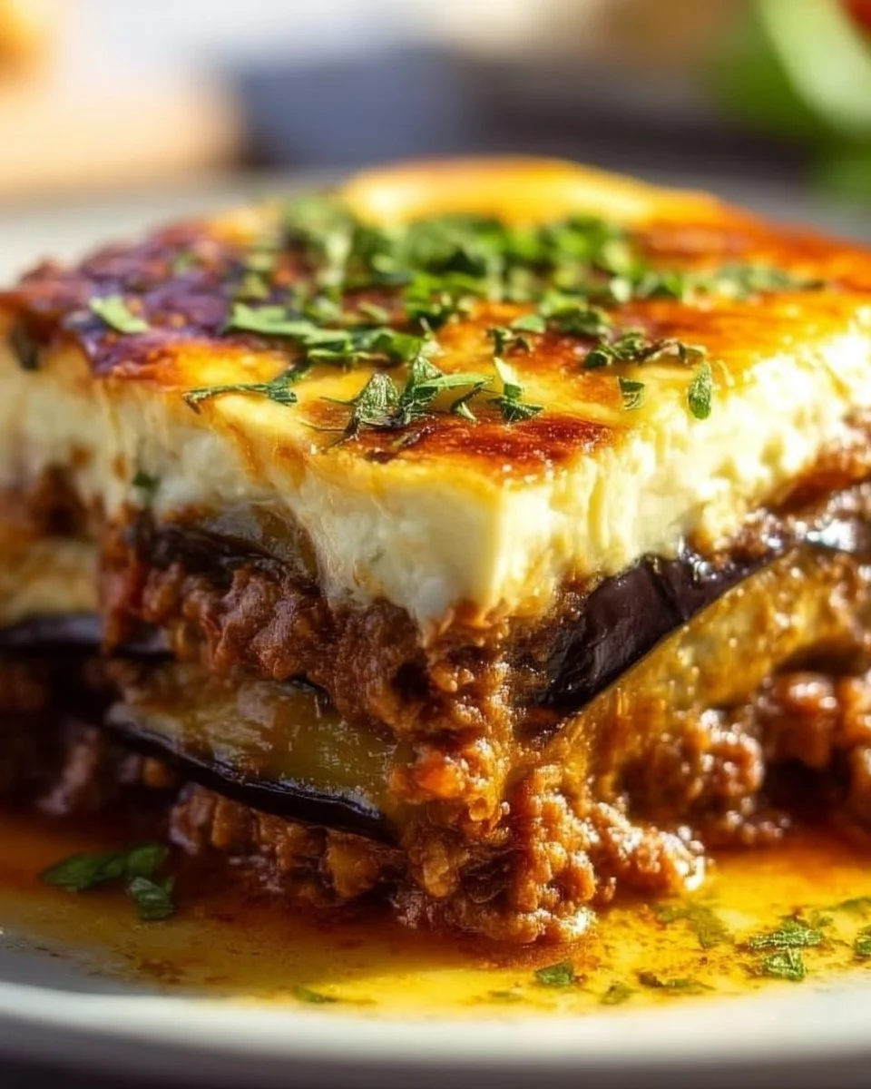 A plate of Traditional Moussaka, showcasing layers of eggplant, ground meat, and béchamel sauce.