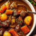 Delicious bowl of ultimate old fashioned beef stew with tender meat and vegetables.