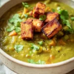 Bowl of steaming vegan split pea soup with vegetables and herbs
