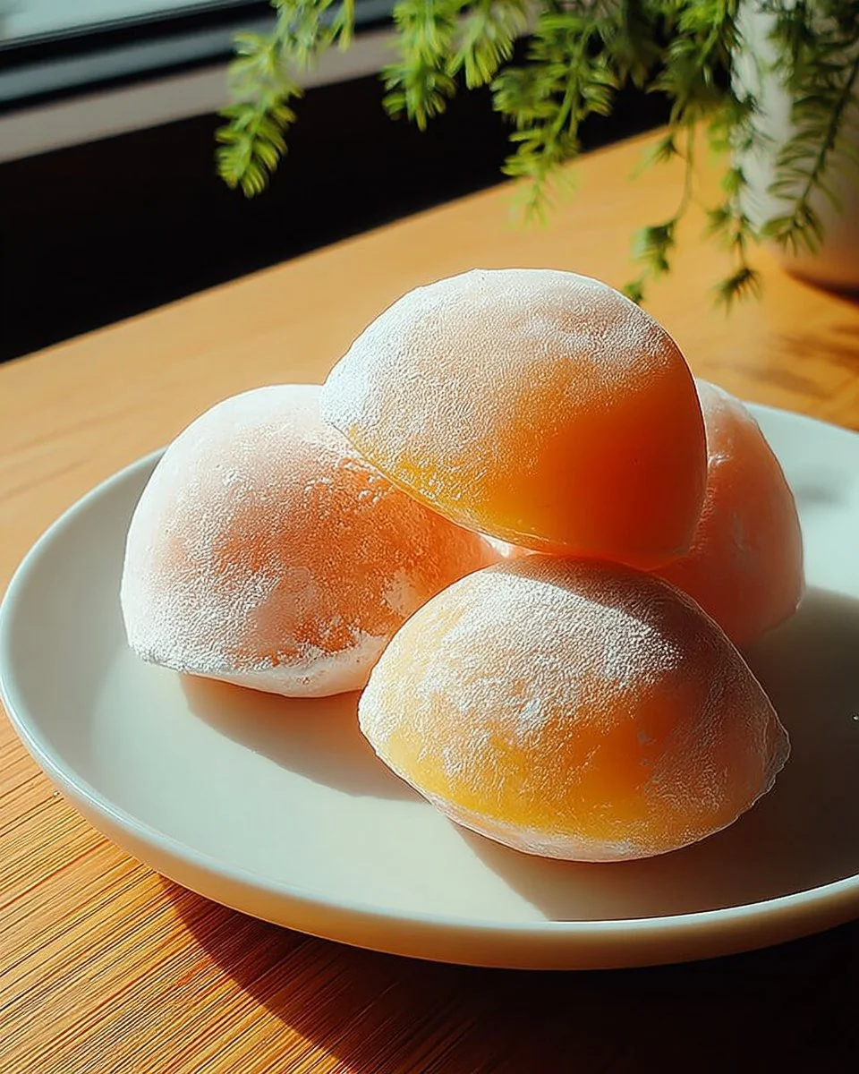 Whole Peach Mochi dessert on a plate, showcasing its chewy texture and peach flavor