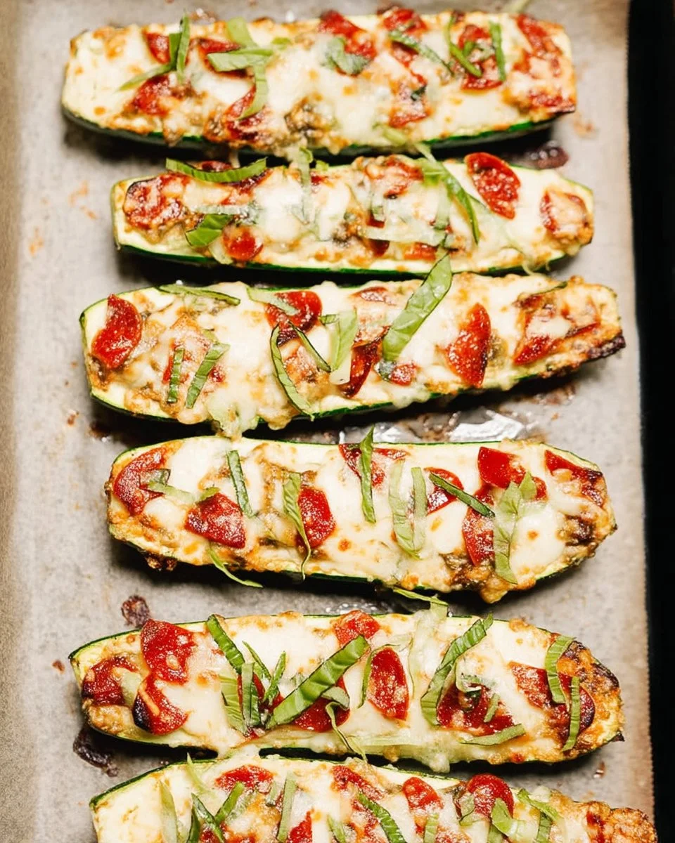 Zucchini pizza boats topped with cheese and vegetables