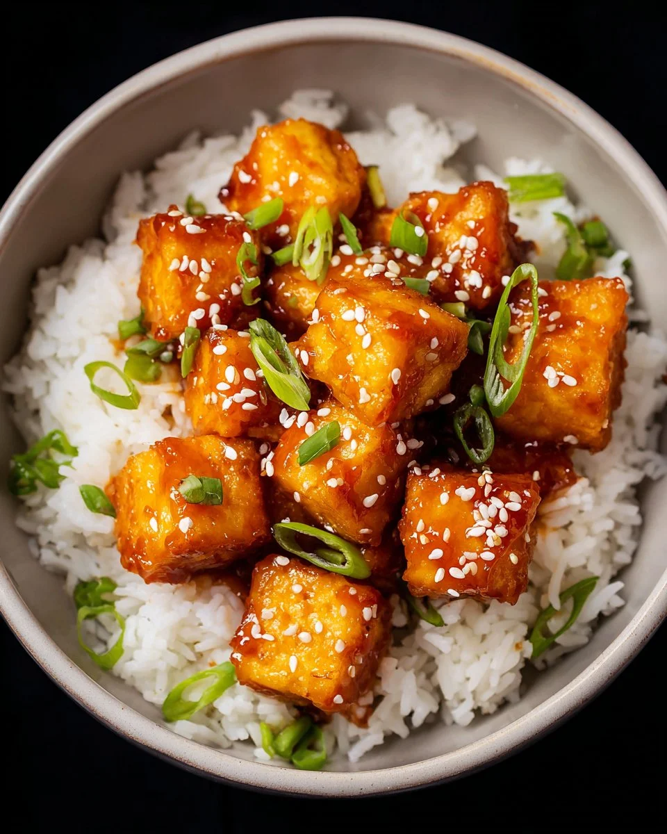 Delicious sweet and sour tofu dish made with honey served on a plate