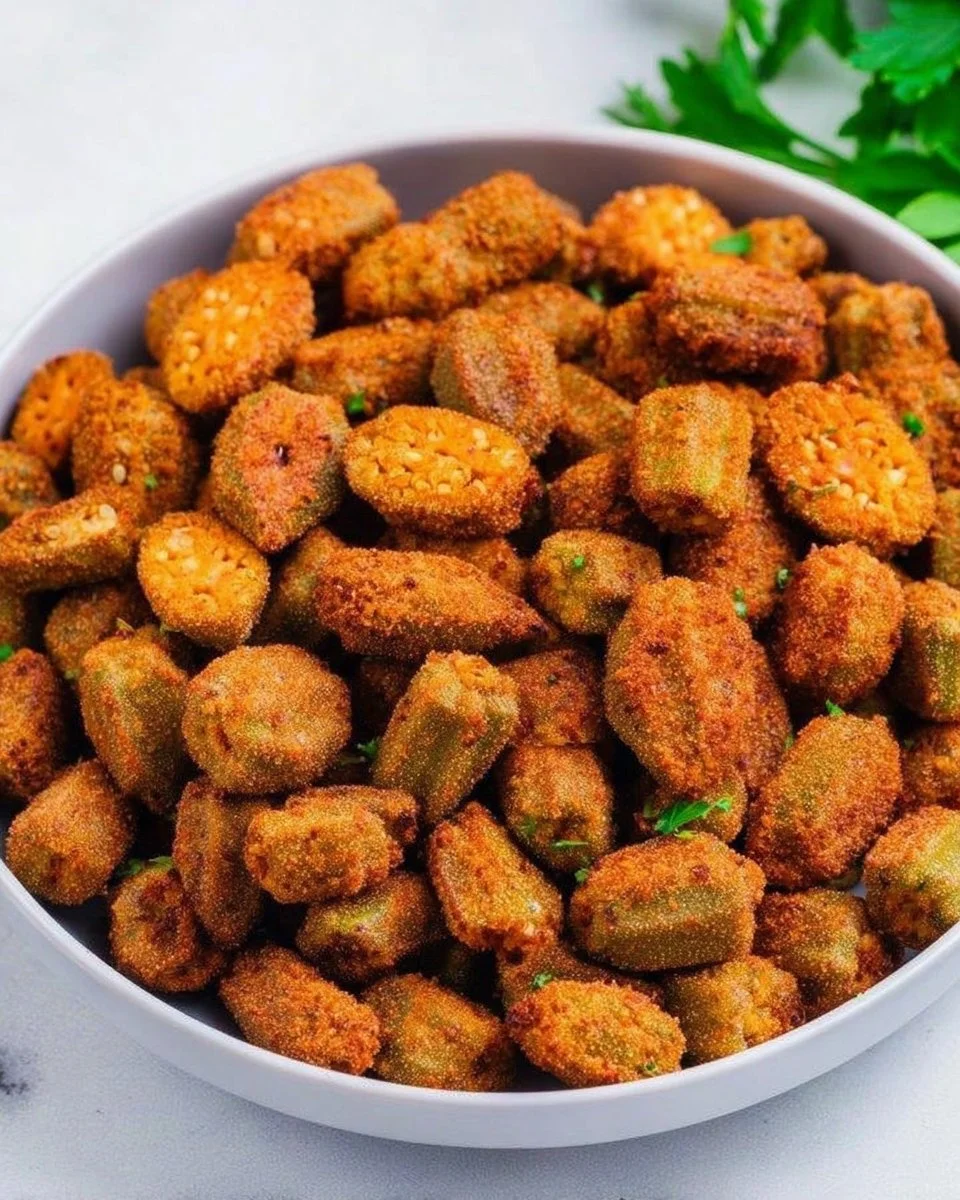 Crispy Air Fryer Okra served in a bowl with seasoning