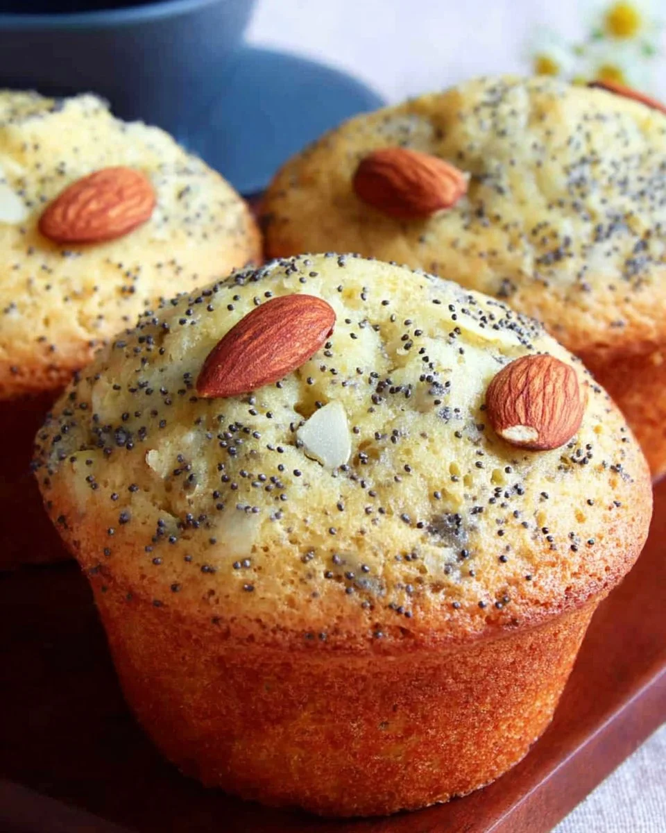 Delicious and moist almond poppy seed muffins on a wooden table