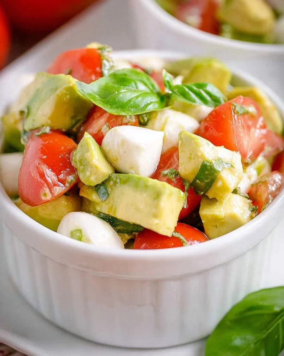 Freshly made Avocado Tomato Mozzarella Salad with vibrant colors and healthy ingredients.