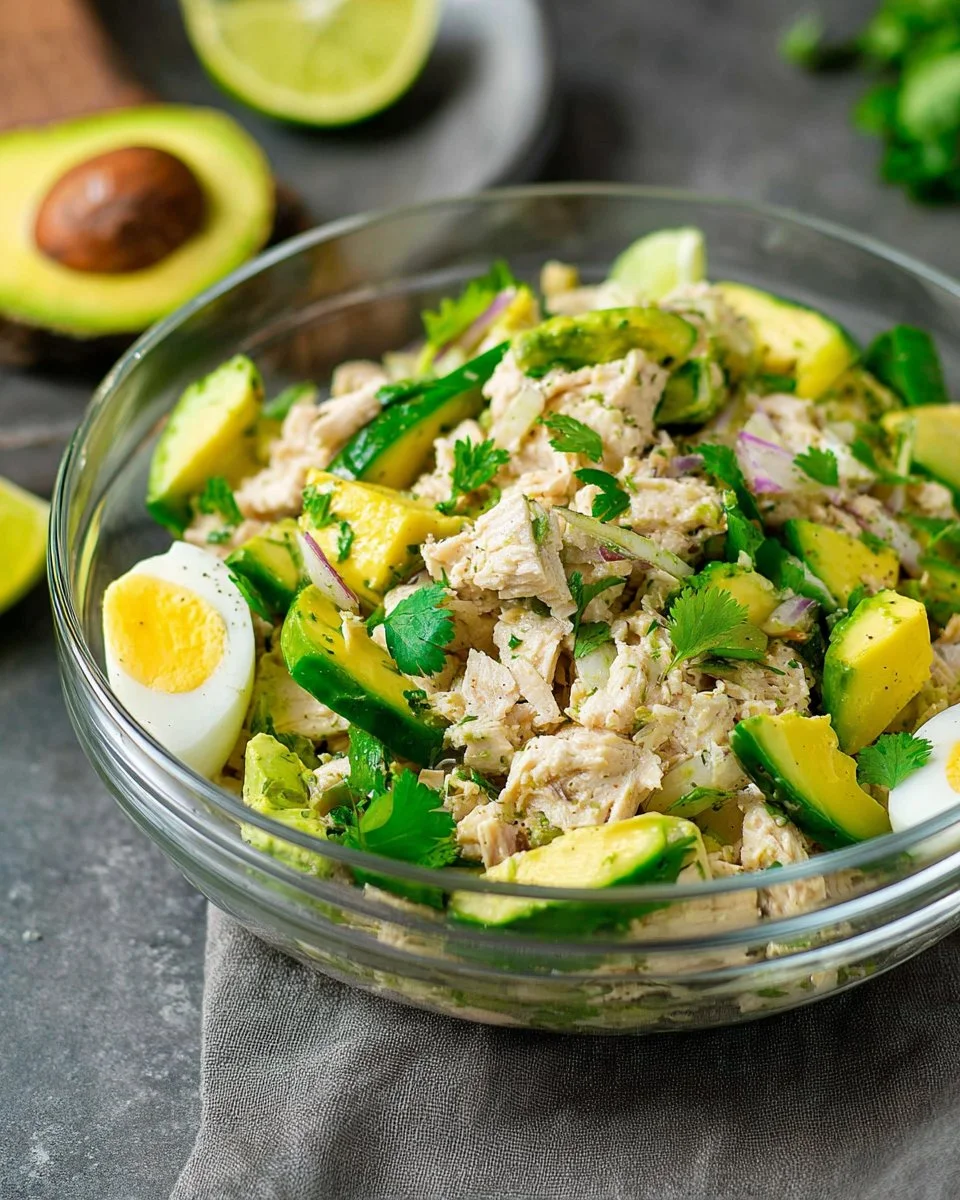 Avocado tuna salad in a bowl with fresh ingredients