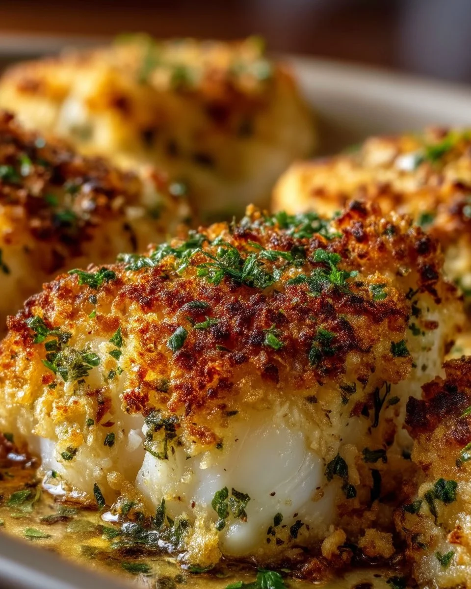Baked cod fillet topped with a crispy breadcrumb crust, served on a plate.
