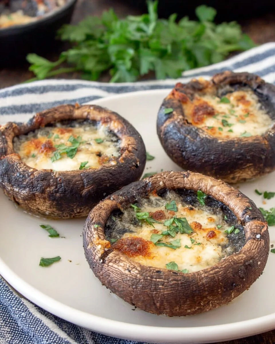 Tray of baked portobello mushrooms garnished with herbs