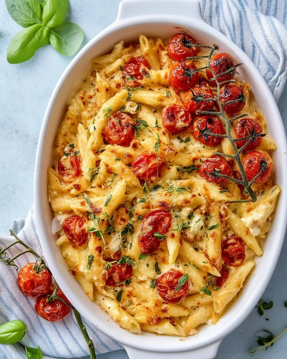 Delicious Baked Tomato Feta Pasta with fresh tomatoes and creamy feta cheese
