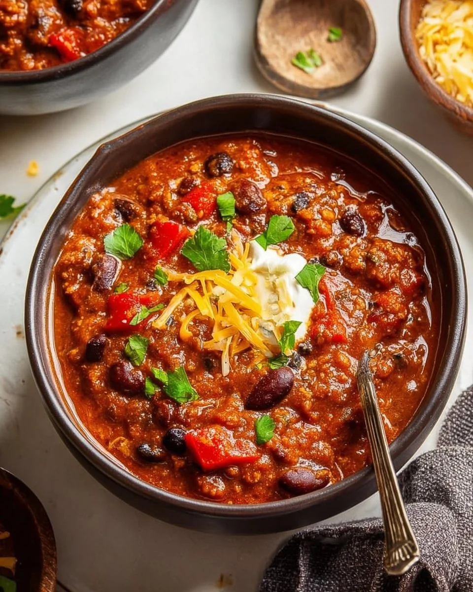 A bowl of Barbecue Chili topped with fresh herbs and served with cornbread.
