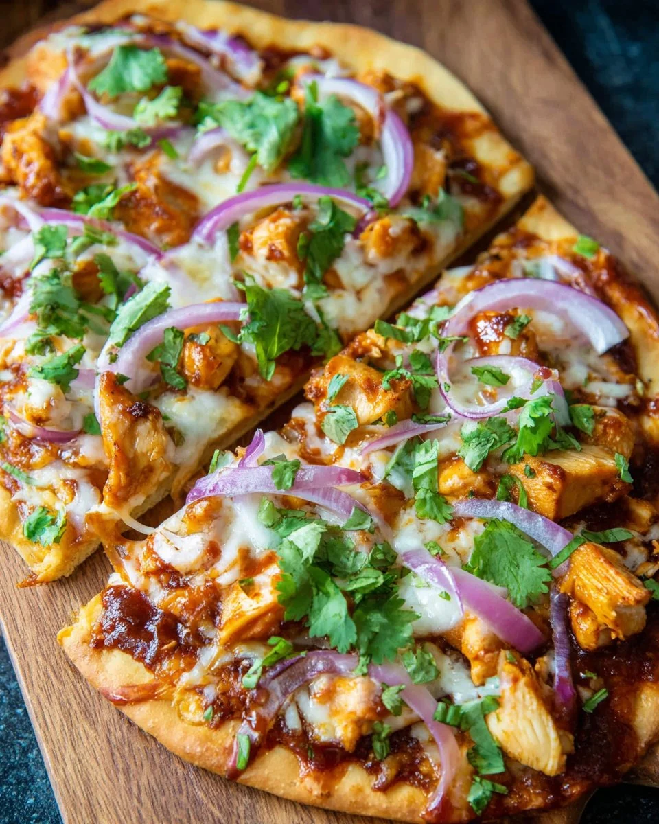 BBQ Chicken Flatbread Pizza topped with sauce and fresh ingredients