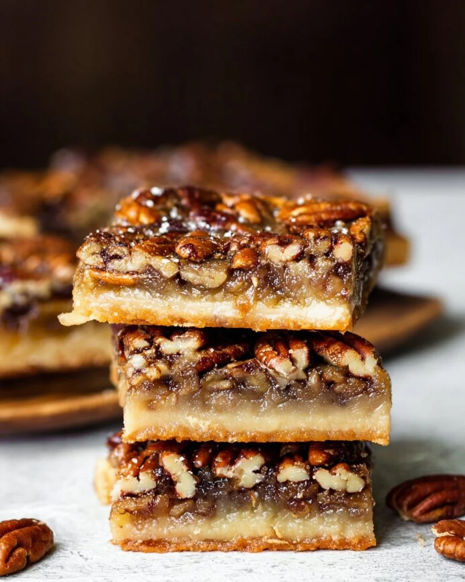 Delicious pecan pie bars topped with caramel and pecans on a wooden table