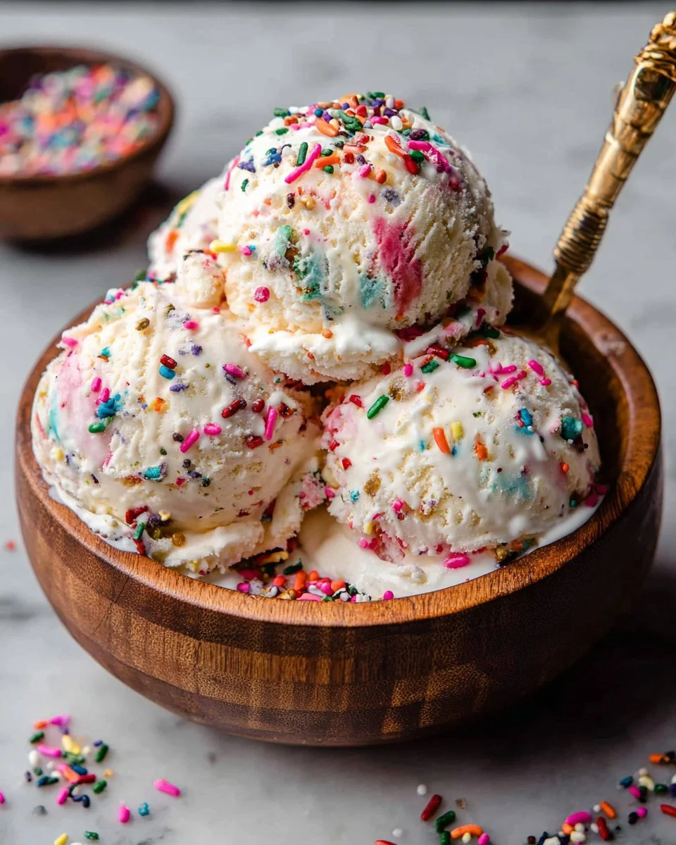 A delicious scoop of birthday cake ice cream topped with colorful sprinkles.