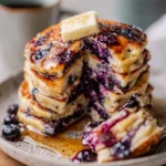 Blender Blueberry Oat Pancakes topped with fresh blueberries and syrup