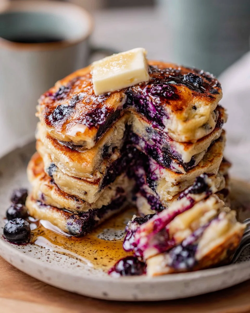 Blender Blueberry Oat Pancakes topped with fresh blueberries and syrup