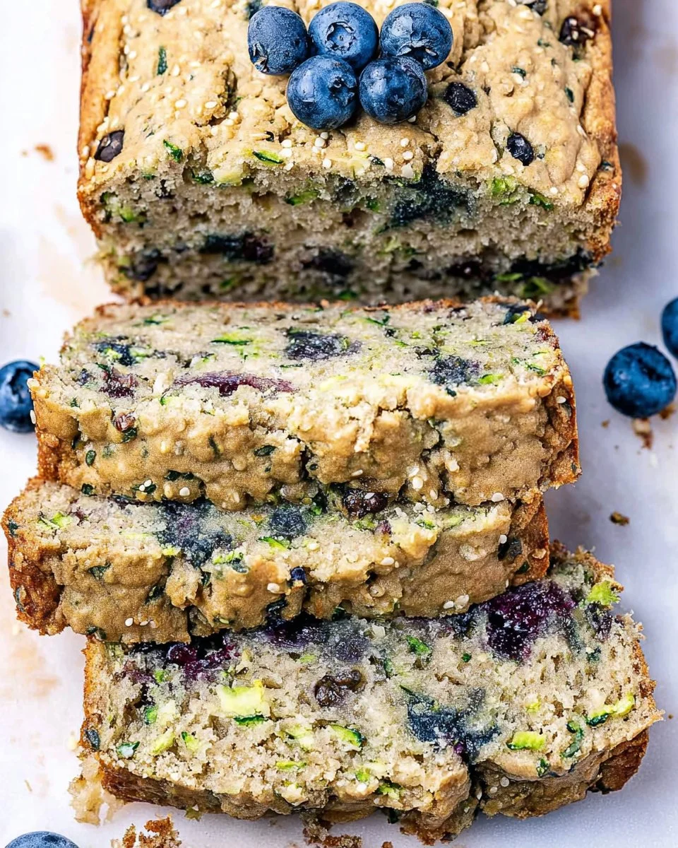 Freshly baked blueberry zucchini bread sliced on a wooden cutting board