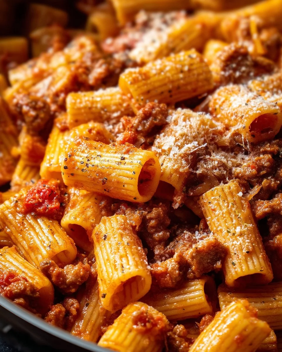 Bolognese Rigatoni served with fresh herbs and grated cheese