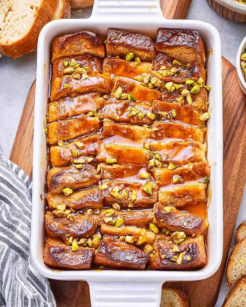 Delicious Brioche French Toast Casserole topped with fresh berries and maple syrup