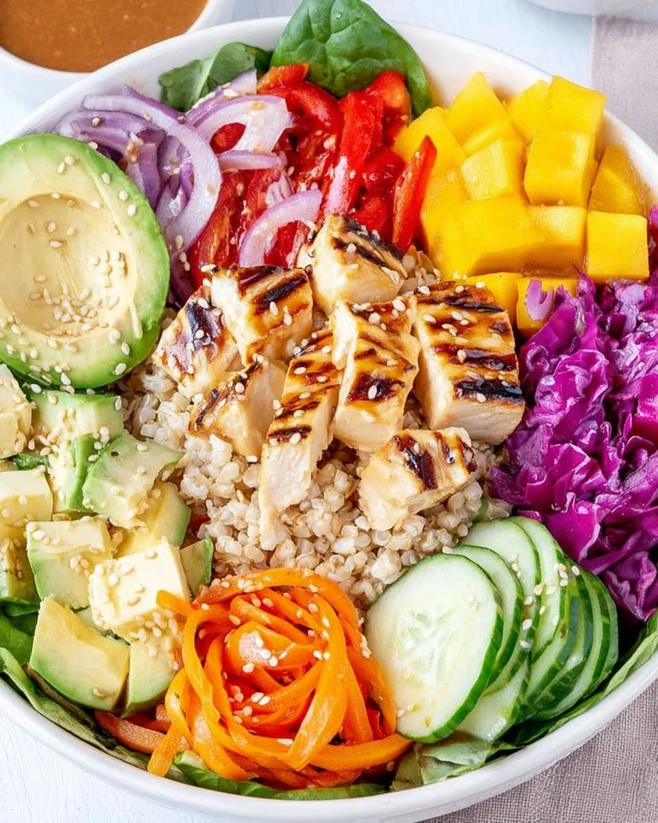 A colorful and healthy Buddha Bowl filled with fresh veggies and grains.