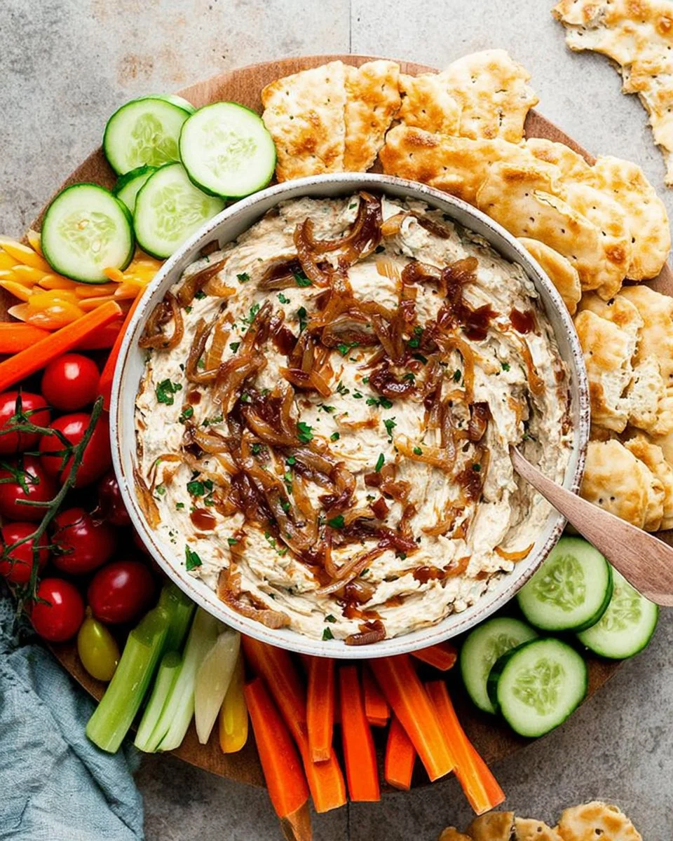 Creamy caramelized onion dip served with fresh vegetables and chips