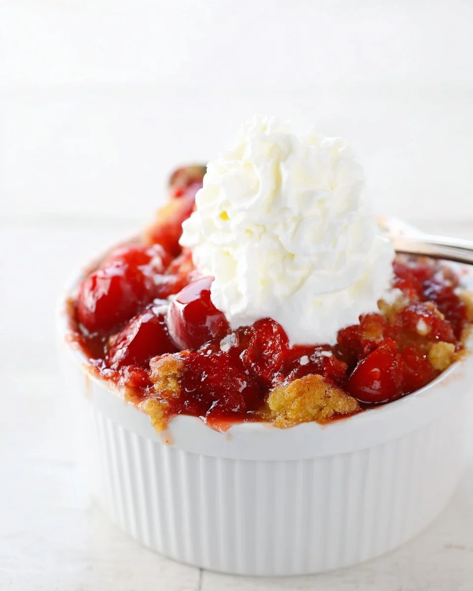 Delicious cherry dump cake served warm with a scoop of vanilla ice cream.