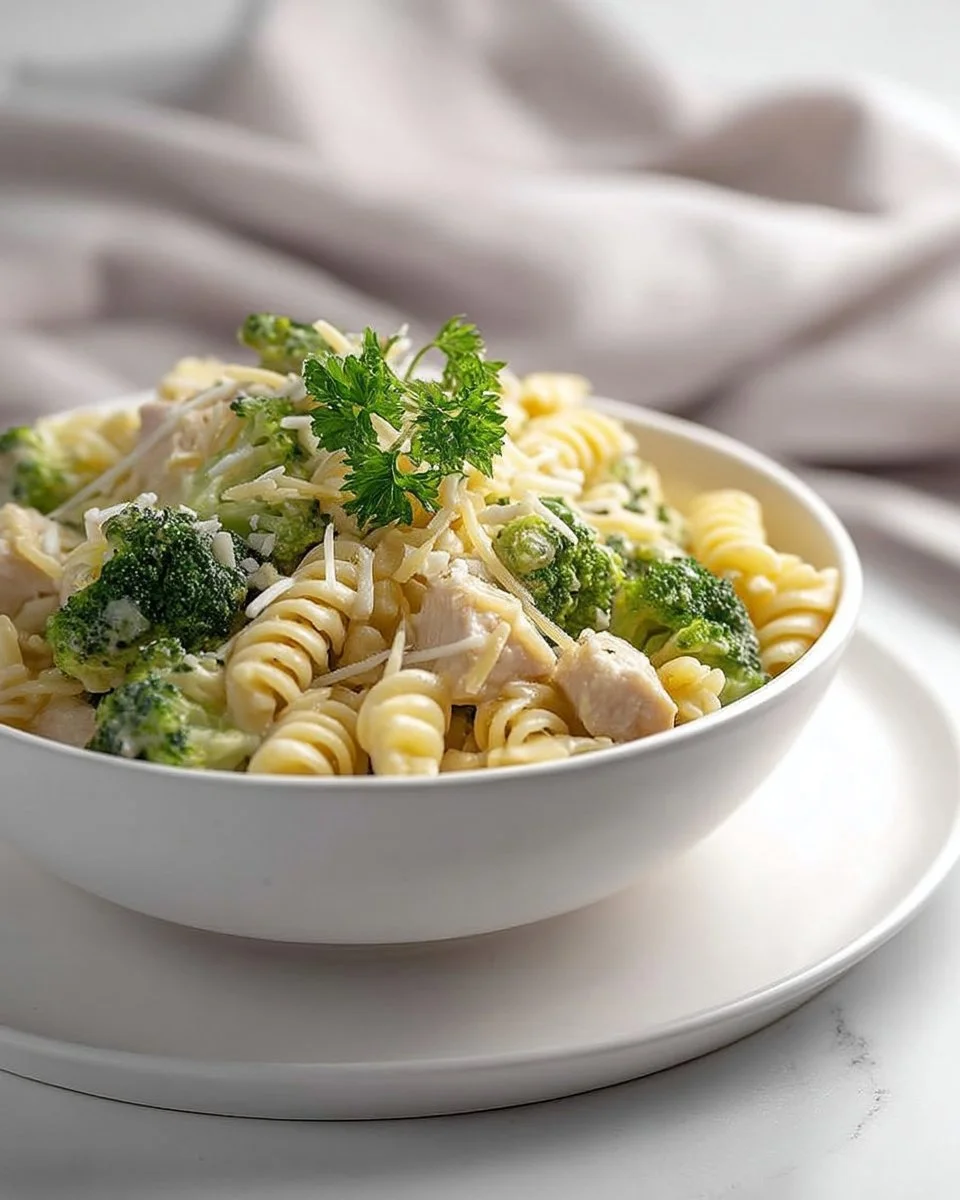 Delicious creamy Chicken and Broccoli Alfredo served on a plate