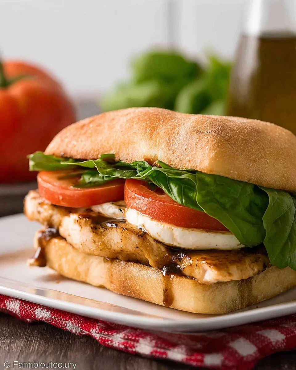 Delicious Chicken Caprese Sandwich with basil, tomatoes, and mozzarella
