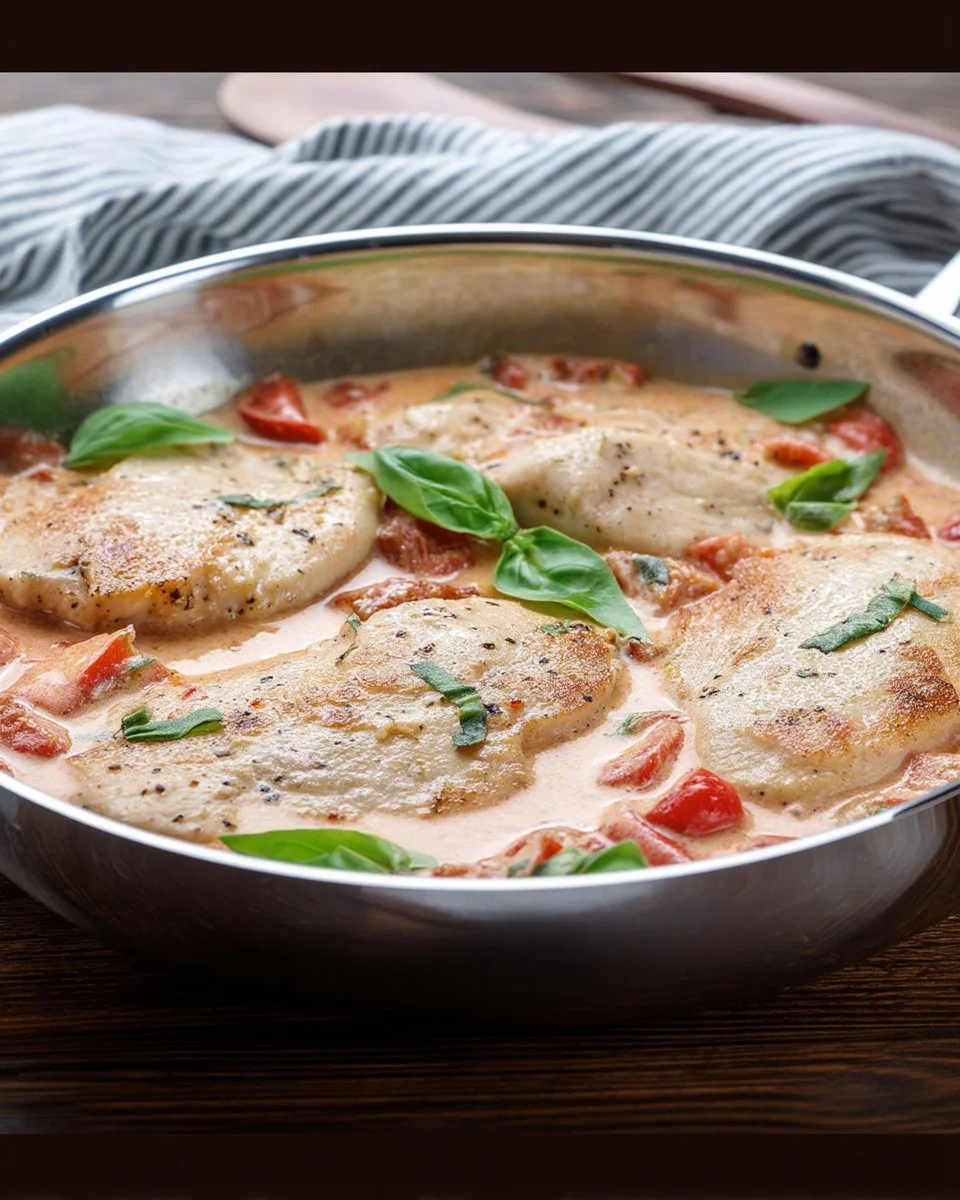 Chicken in tomato basil cream sauce served on a plate with fresh herbs