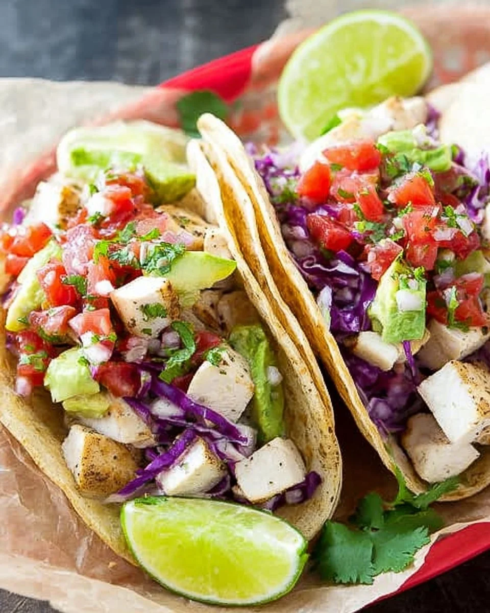 Plate of chicken tacos with avocado salsa garnished with fresh cilantro