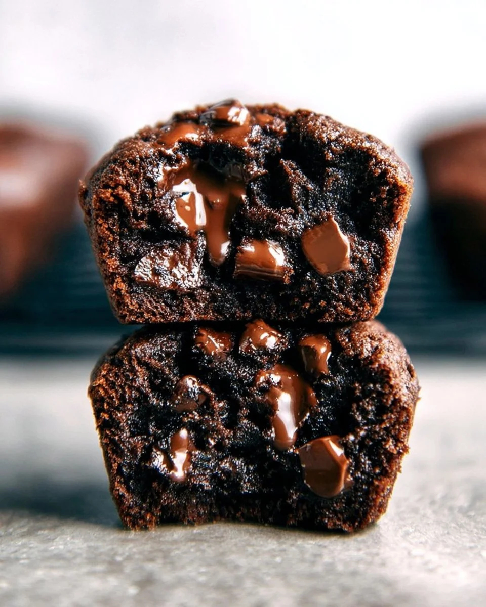 Freshly baked Chocolate Peanut Butter Muffins on a rustic wooden table