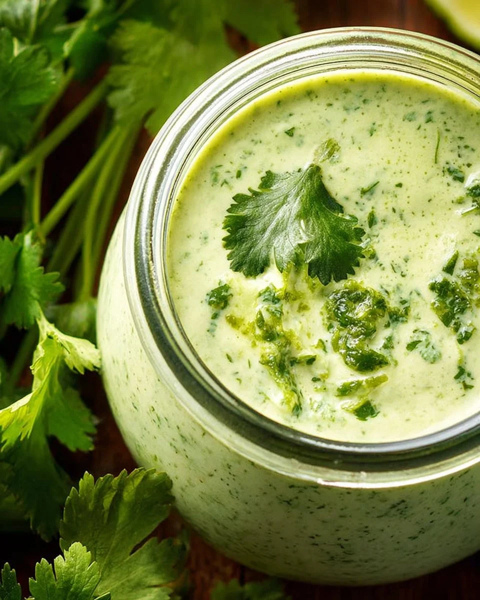 Creamy cilantro cream sauce drizzled over fresh tacos and vegetables