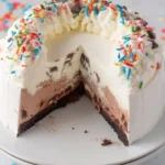 Homemade copycat Dairy Queen ice cream cake with chocolate layers and frosting