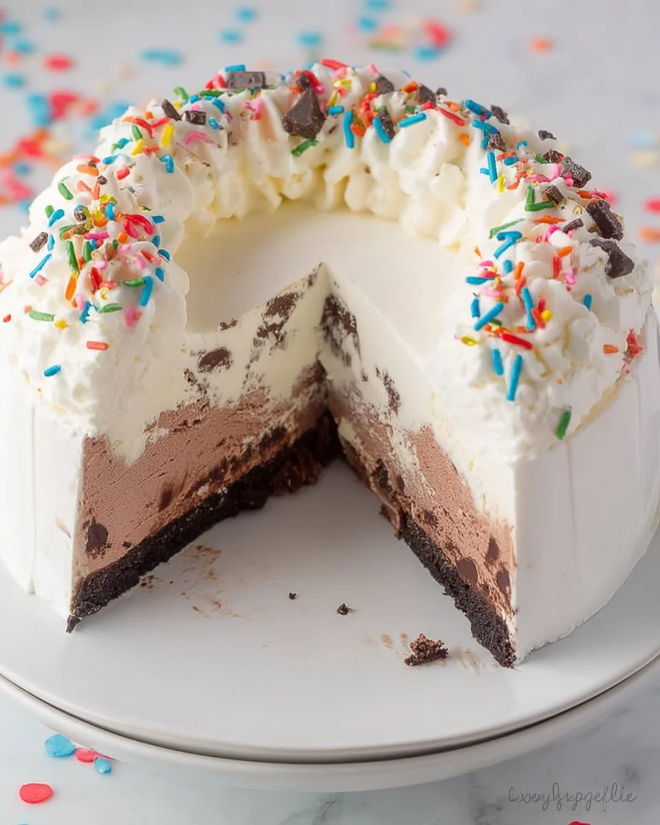 Homemade copycat Dairy Queen ice cream cake with chocolate layers and frosting