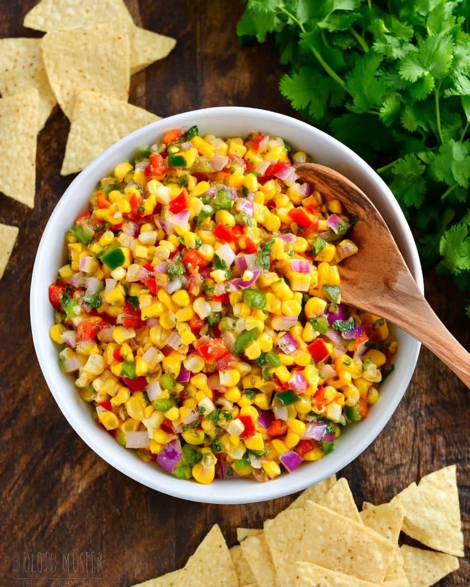 Delicious and colorful Corn Salsa served in a bowl with fresh ingredients.