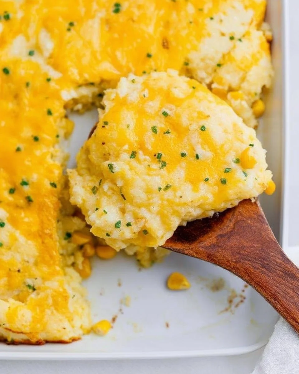 A delicious corn souffle casserole, fluffy and cheesy, served in a dish.