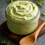 Creamy avocado cilantro sauce served in a bowl with fresh cilantro garnish.