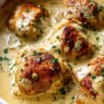 Creamy baked chicken thighs served on a plate with herbs and sides