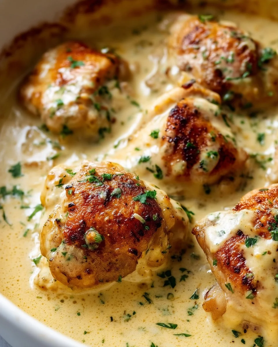 Creamy baked chicken thighs served on a plate with herbs and sides