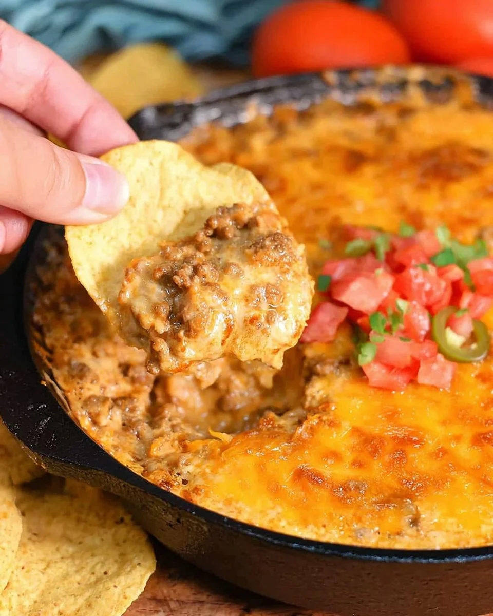 Creamy beef taco dip in a serving dish with toppings
