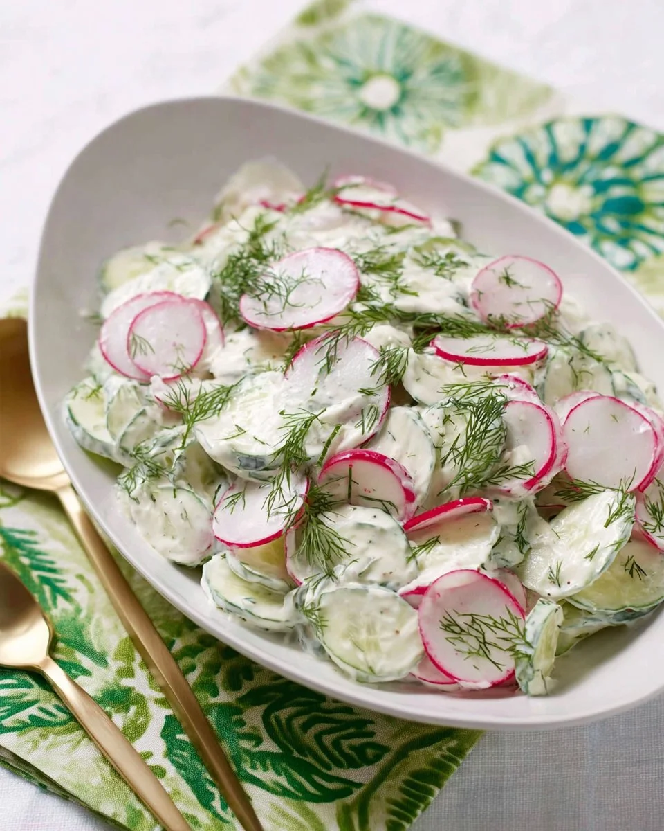 Creamy Crunchy Cucumber Salad with fresh vegetables and a creamy dressing