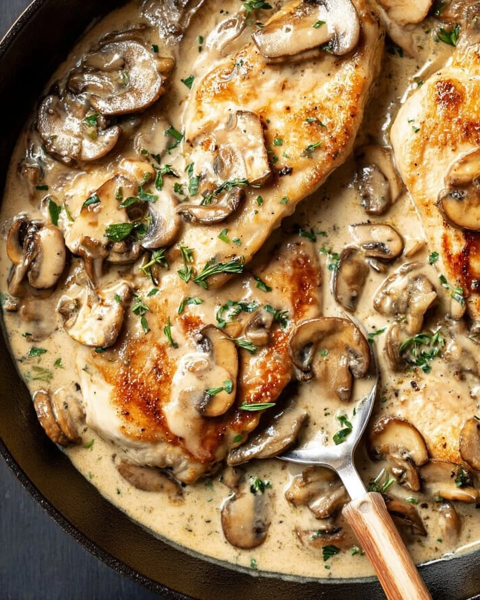 Creamy mushroom chicken dish served on a plate with herbs