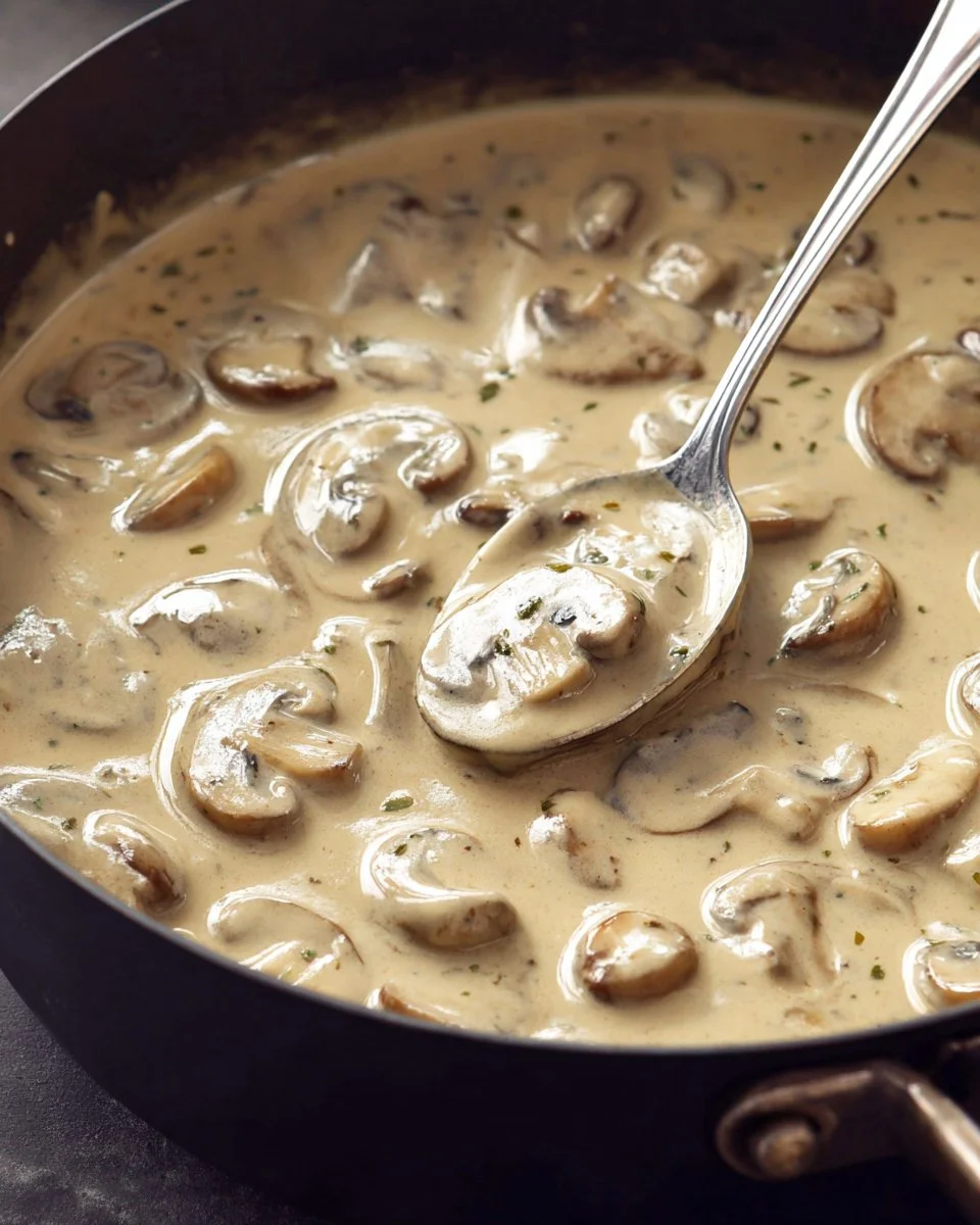 Homemade creamy mushroom sauce served over pasta and garnished with herbs.