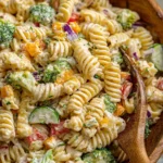 Creamy ranch pasta salad with vegetables and creamy dressing
