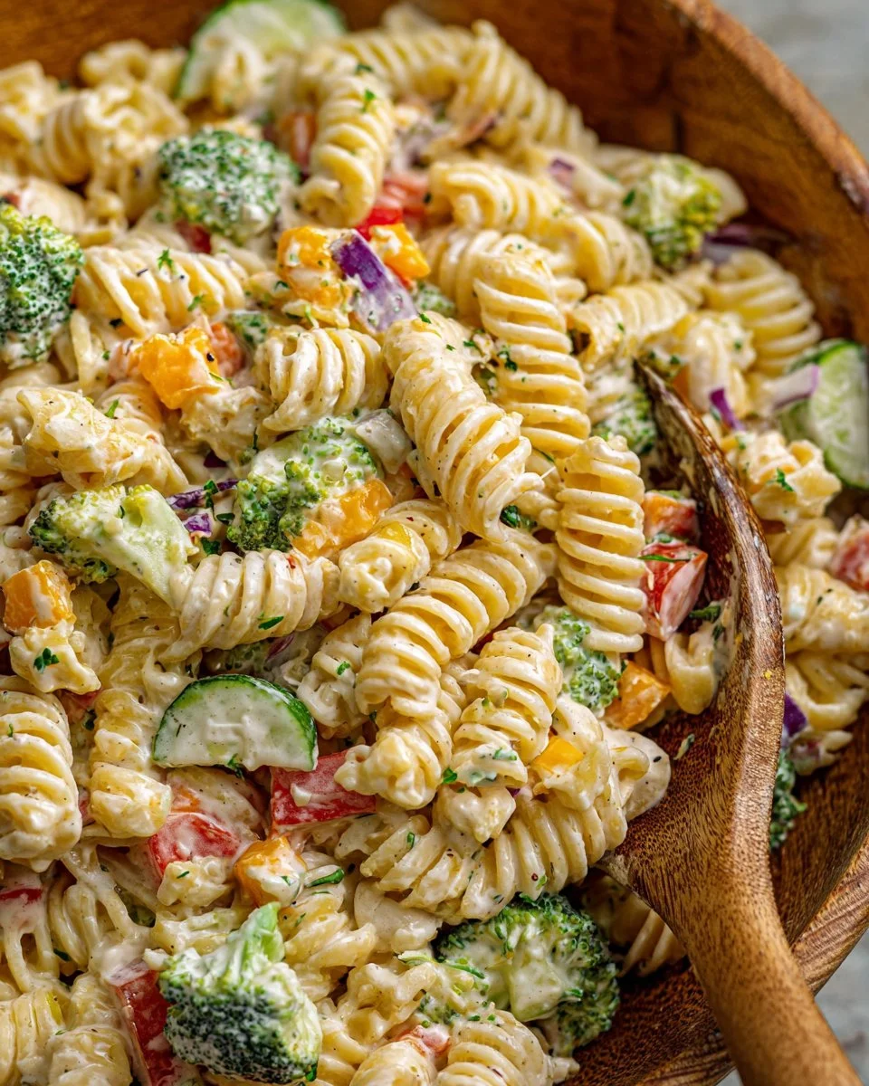 Creamy ranch pasta salad with vegetables and creamy dressing