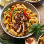 Bowl of delicious Creamy Rasta Pasta with colorful vegetables and spices