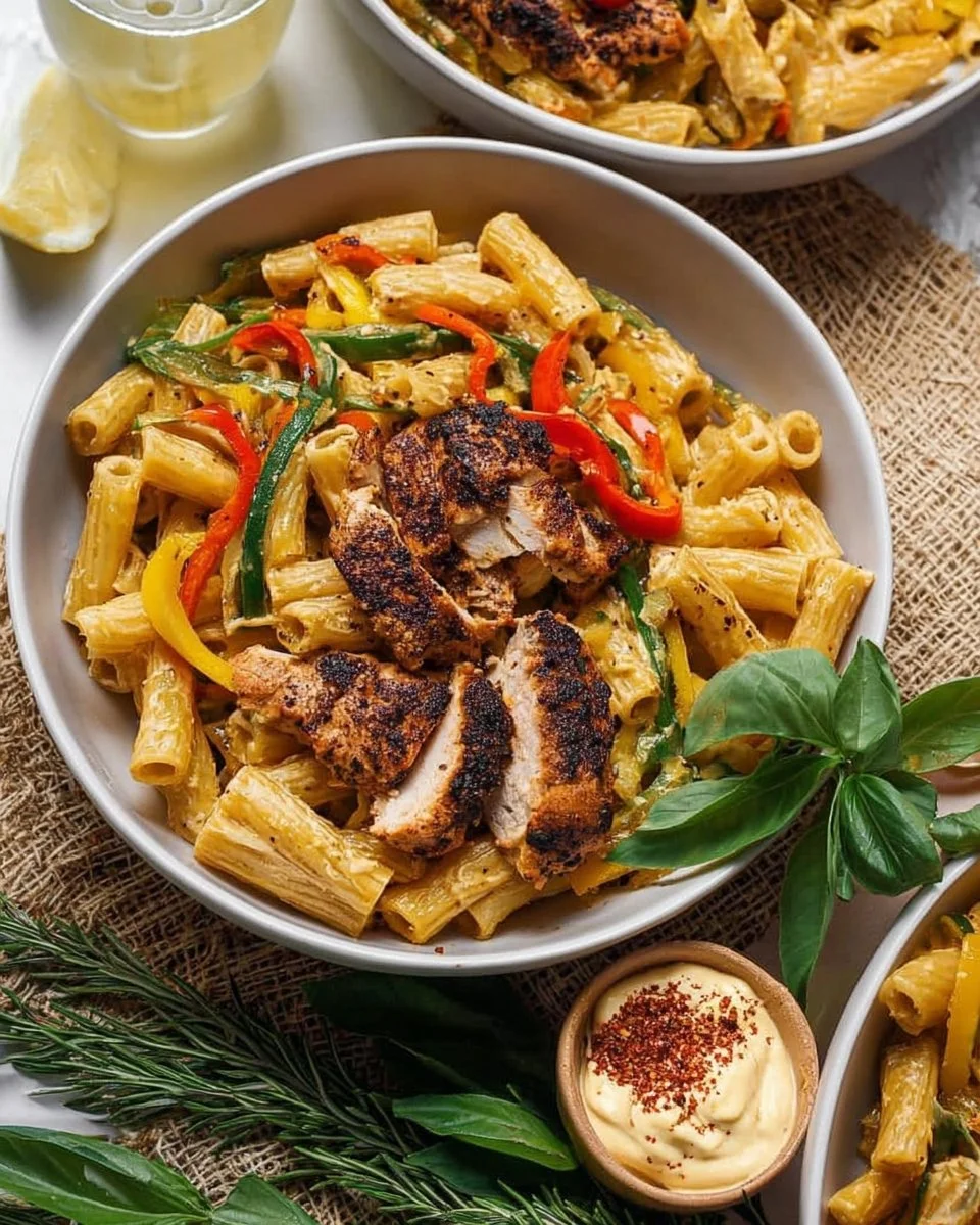 Bowl of delicious Creamy Rasta Pasta with colorful vegetables and spices