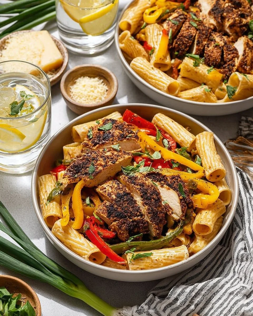 Delicious creamy Rasta Pasta topped with fresh vegetables and herbs.