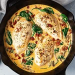 Creamy Tuscan chicken served with spinach and sun-dried tomatoes
