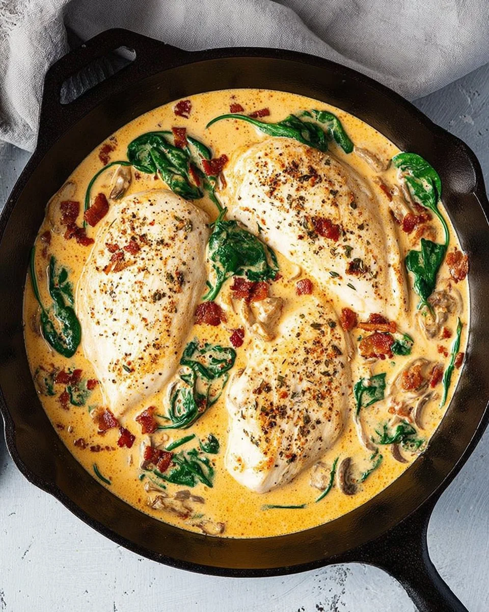 Creamy Tuscan chicken served with spinach and sun-dried tomatoes