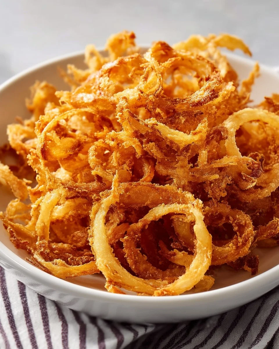 A plate of crispy onion strings, golden and crunchy, served as a snack or topping.